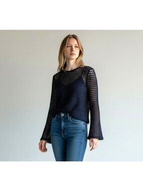 Pete Collection Bell Sleeve Crochet Crop Top Navy Blue Size M